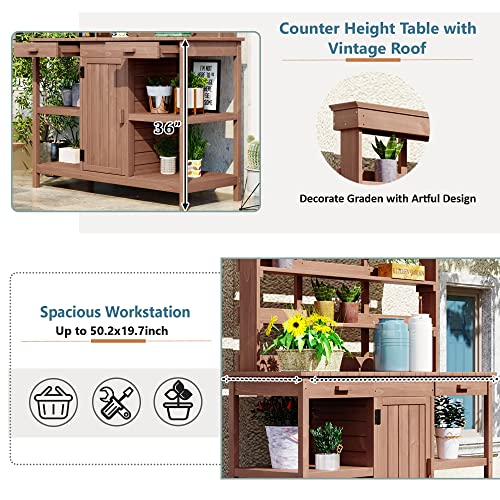 Outdoor Wooden Potting Bench Table with Drawers and Storage Shelves C672480